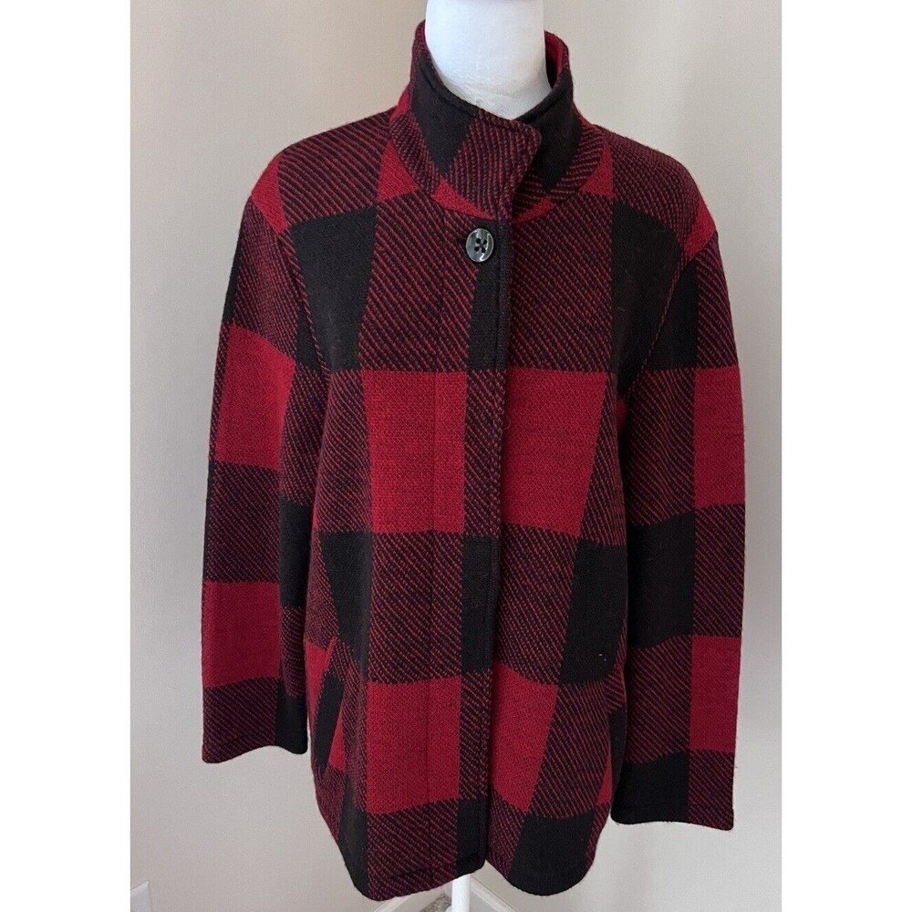 TALLY HO 100% Wool Black Red Check Cardigan Jacket Size M